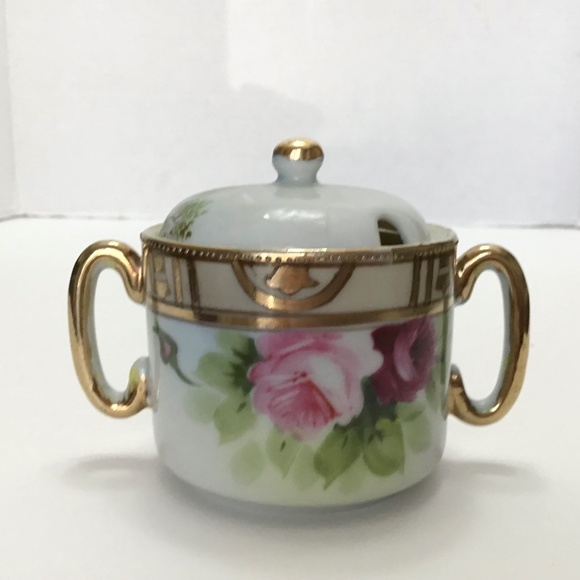 Vintage Antique Nippon Sugar Bowl Hand Painted Pink Roses Green - Picture 1 of 6